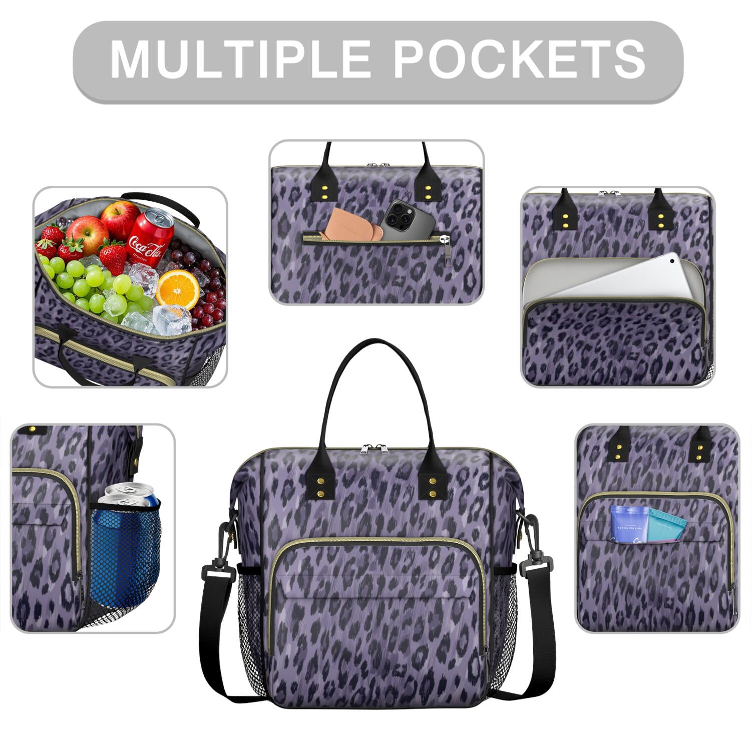Leopard Pattern Purple Womens Lunch Box for Work,Insulated Large Lunch Bag for Tween and Teen,Loncheras Para Mujer,Leakproof Adult Lunch Bag for Work,Beach,Travel,Picnic,Camping