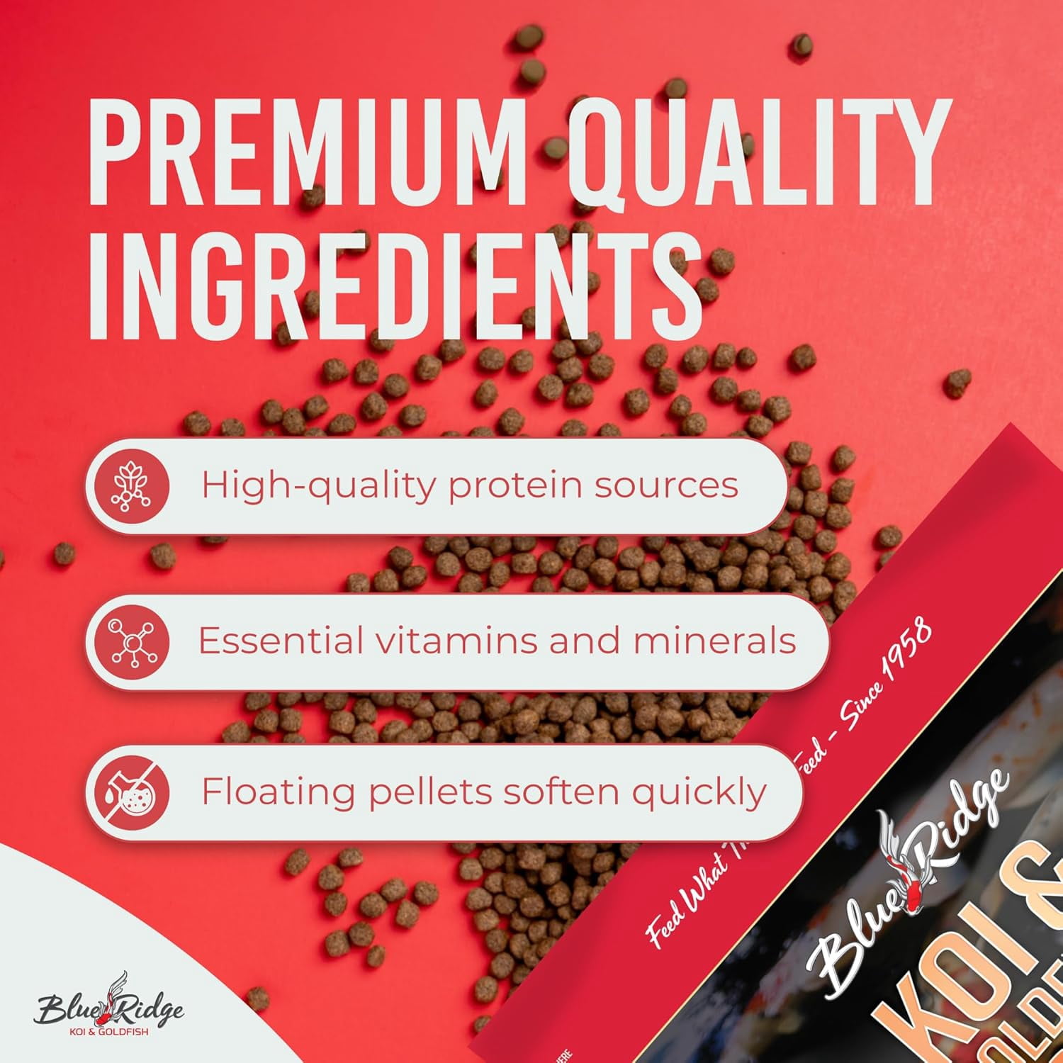 Blue Ridge Koi Fish Food 5lb - Koi Food Cool Water Wheat, Goldfish Food, Premium Fish Food for Ponds, Ponds Fish Food, Koi Food Fall and Winter Fish Food, Floating Pond Pellets