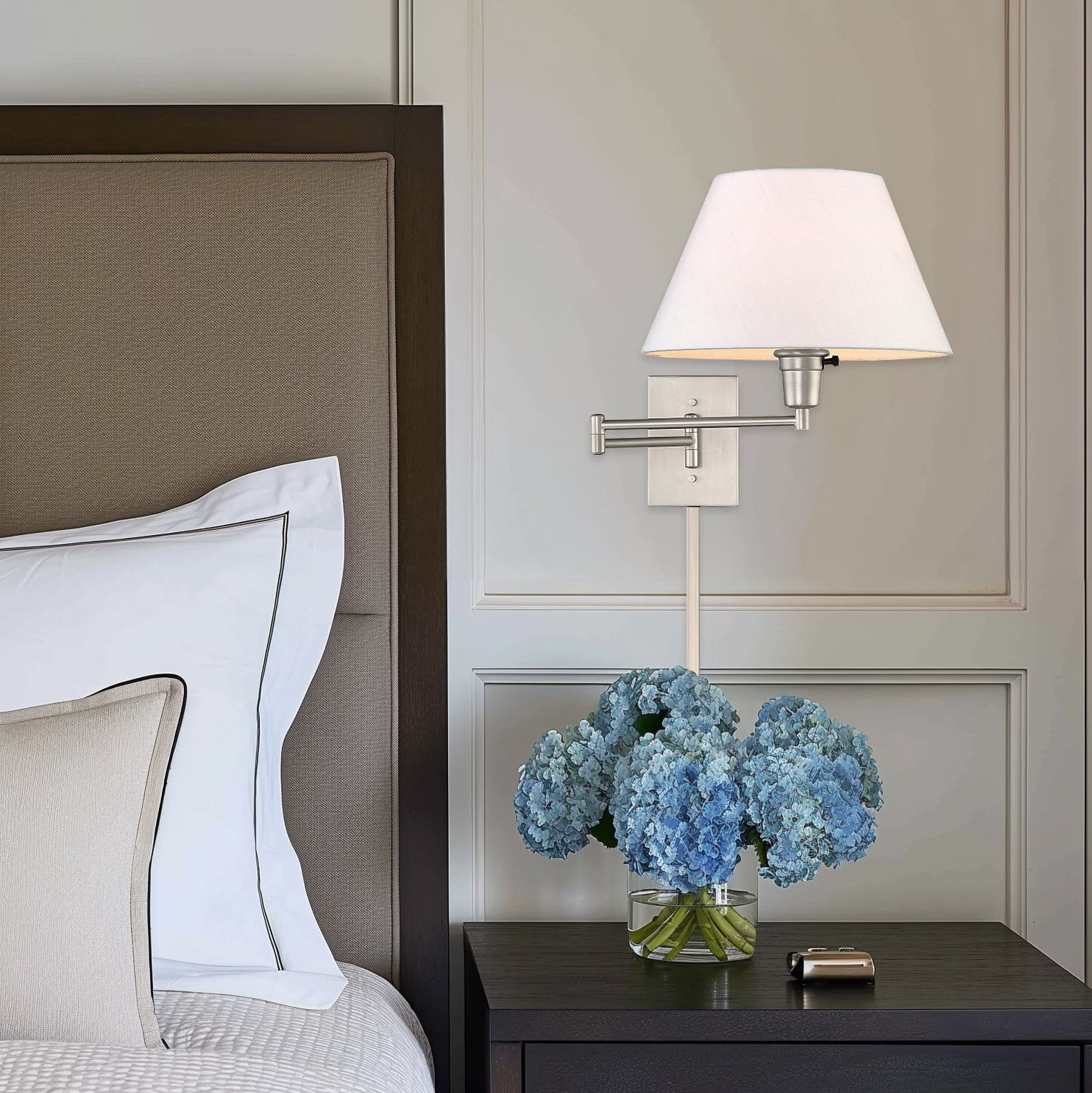 Revel Kira Home Cambridge 15" Swing Arm Wall Sconce, White Empire Fabric Shade, 2-in-1 Plug In or Hardwired Wall Lamp