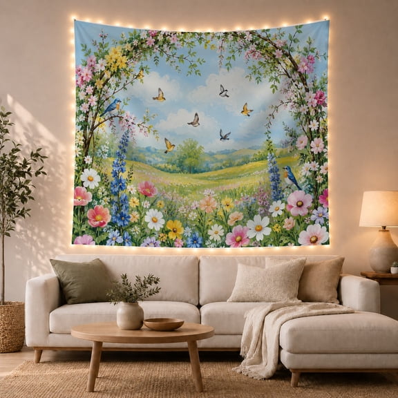 Blooming Garden with Birds and Wildflowers in Sunshine, Peaceful Cottagecore for Nature Lovers, Floral Meadow Wall Art, Housewarming Gift, Tapestry Wall Hanging for Bedroom and Living Room