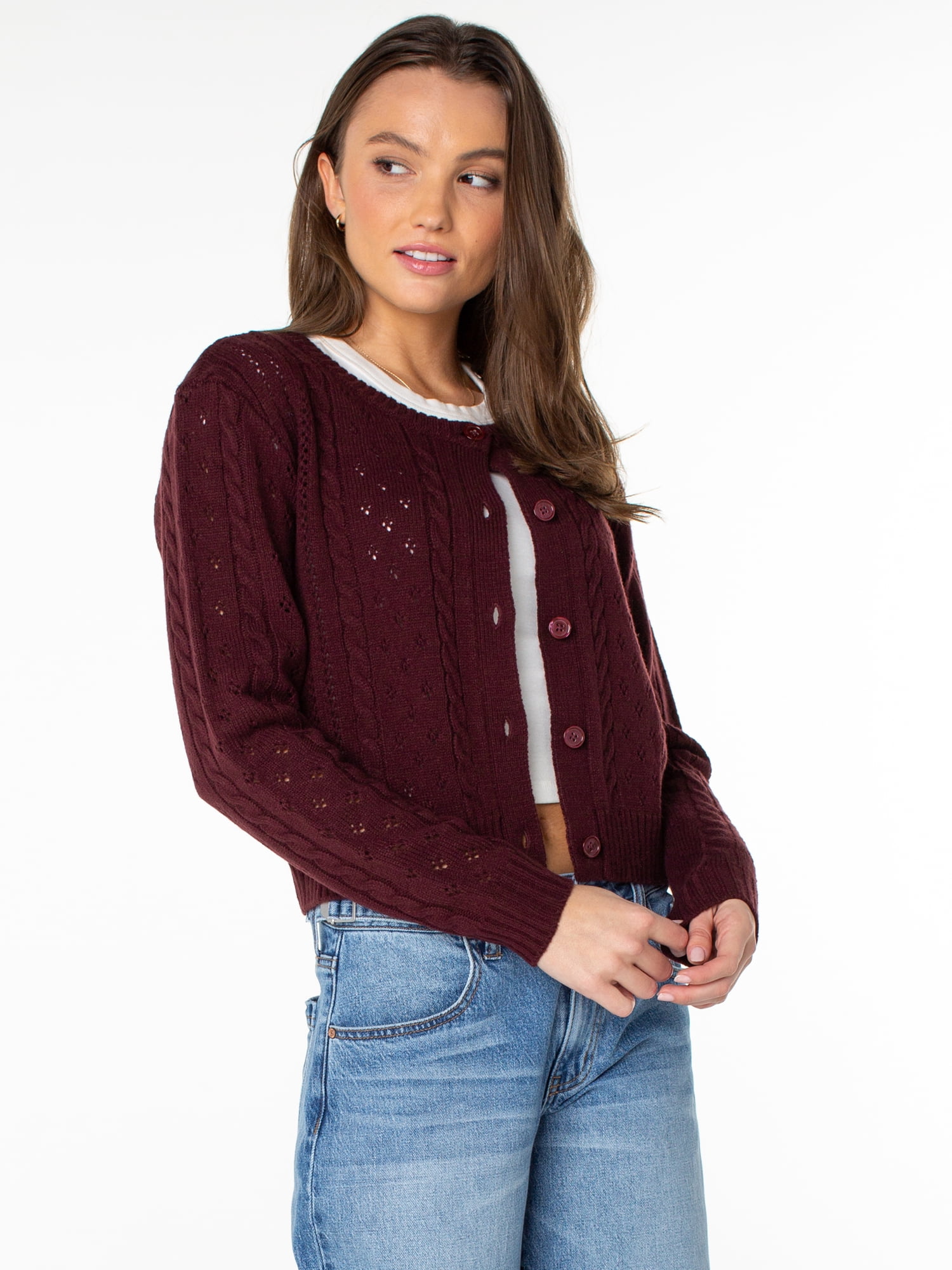 Celebrity Pink Women's Pointelle Crew Neck Cardigan Sweater, Sizes XS-4X