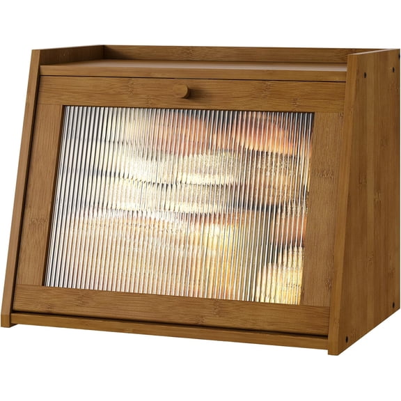 Large Bread Box for Kitchen Counter, Brown Bamboo Bread Storage Container with Wavy Arcylic Transparent Door, Bamboo Wooden Farmhouse Bread Box for Your House