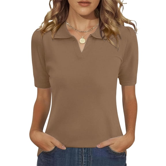 Womens Polo Shirts Short Sleeve V Neck Knitted Casual Office Tops Summer Pullover 2XL