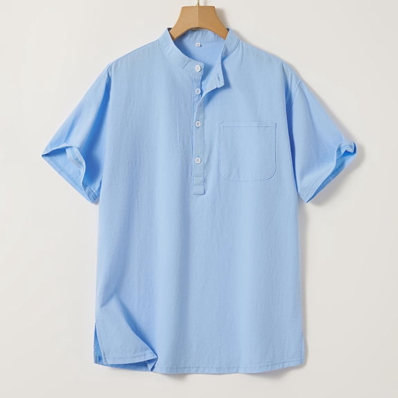 Cotton Linen Shirts for Men Oversized Button Placket Short Sleeve T Shirts Casual Solid Plus Size Loose Comfy Summer Beach Henleys Tee Shirt Top