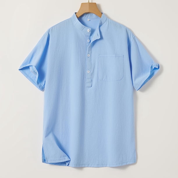 Ceisia Men's Shirt | Loose Stand Collar Short Sleeve Cotton-Linen Shirt | Breathable Textured Wrinkle (Multiple Solid Colors) Gift