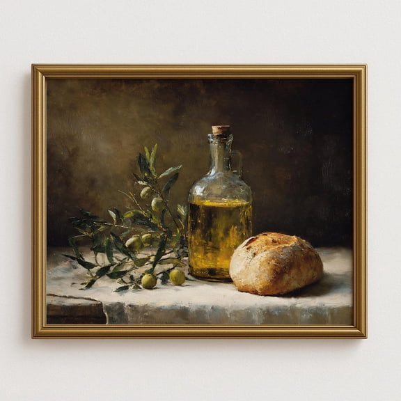 Olive And Bread Still Life Wall Art, Rustic Kitchen Décor, Mediterranean Tuscan Farmhouse Home Decor #974, Unframed Poster Size 8x12