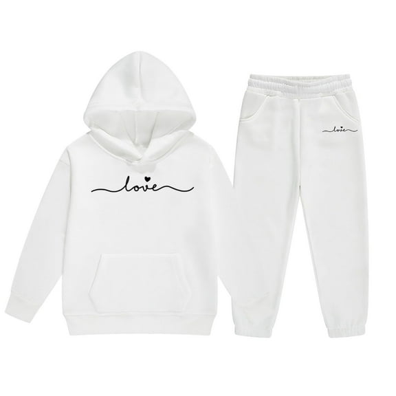 Bibifish Big Girls 2 Piece Jogger Set Black Hoodie And Matching Pants "Love" Print Soft Fleece Lined Elastic Waist Kids Wear Sweatsuit