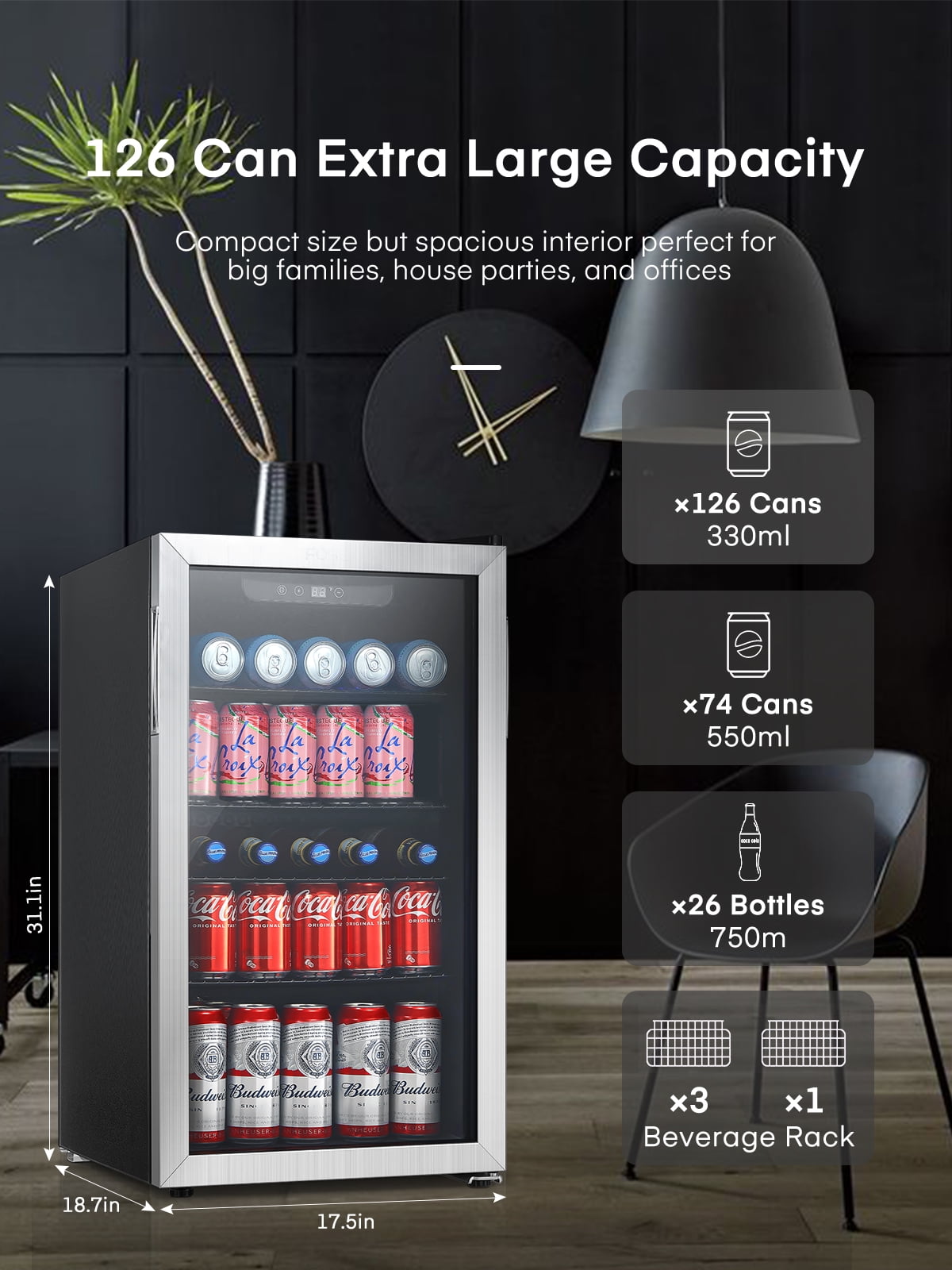 FOHERE 126 Can Beverage Refrigerator Cooler, 3.2 Cu.ft Mini Fridge, Wine Chiller for Bar/Office/Home, New, Reversible Door, 17.5 x 18.9 x 31.5 inches
