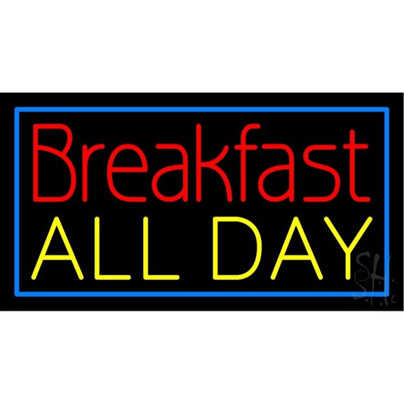 Breakfast All Day Blue Border LED Neon Sign 13 x 24 - inches, Clear Edge Cut Acrylic Backing, with Dimmer - Bright and Premium built indoor LED Neon Sign for restaurant window and interior decor.
