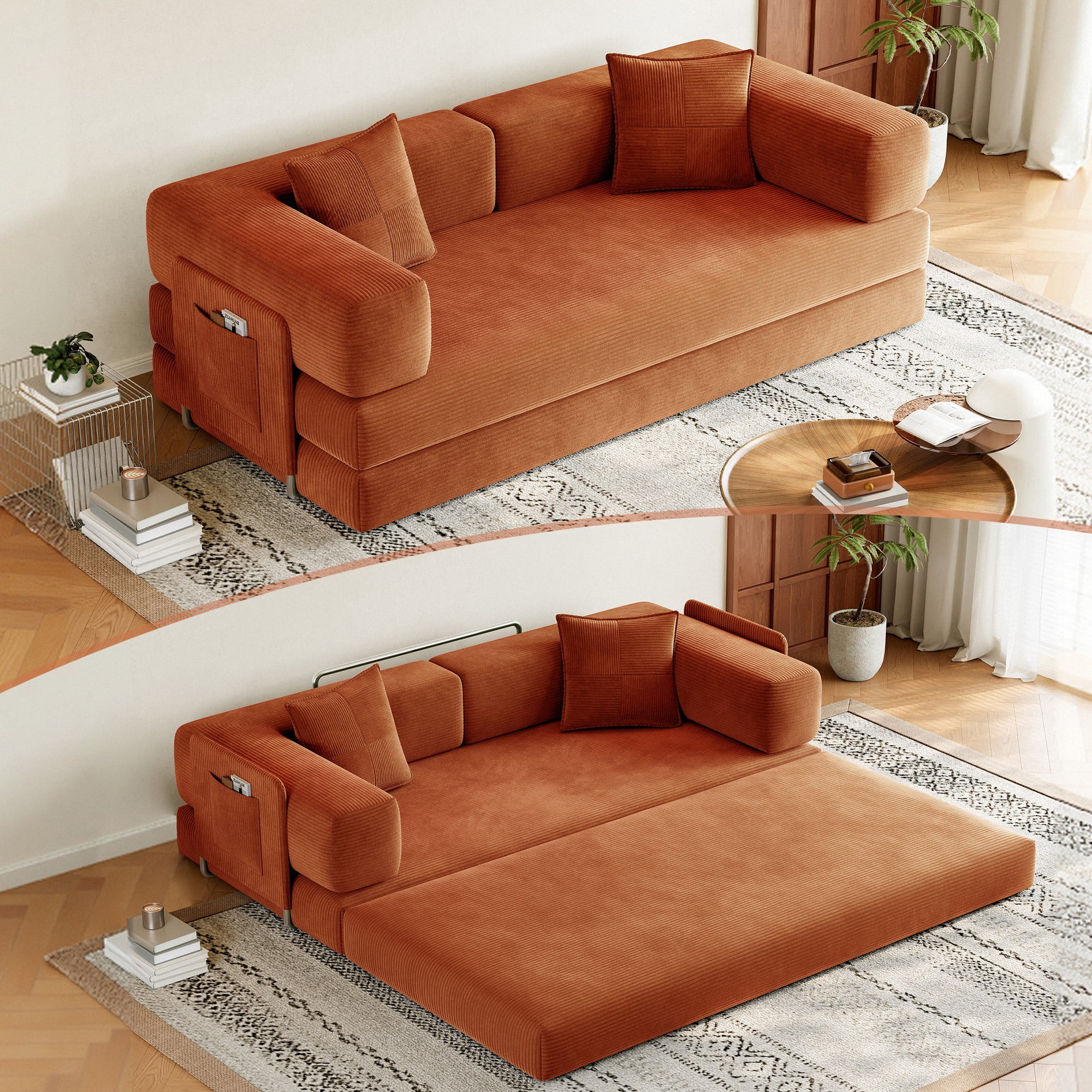 GARITIN Convertible Sleeper Sofa Bed 79 Inch, 5 in 1 Chenille Floor Sofa with High Density Foam and Side Pockets for Living Room, Orange
