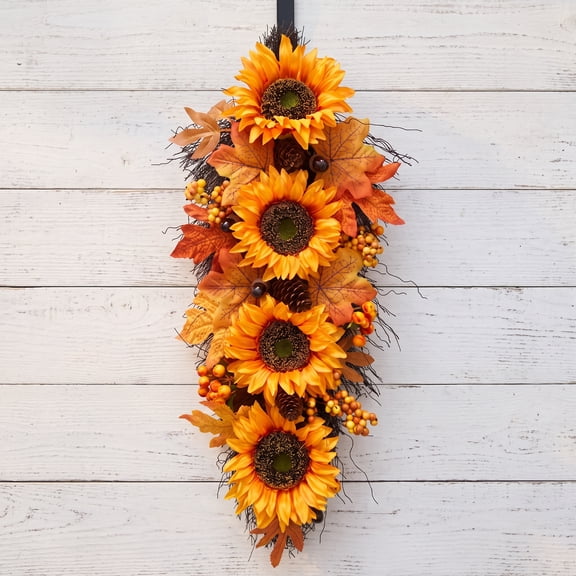 Fall Wreath Door Wreath Fall Swag for Thanksgiving Seasonal Wreath for Front Door 23.6" Length Swag with Maple, Pine and Orange Sunflower