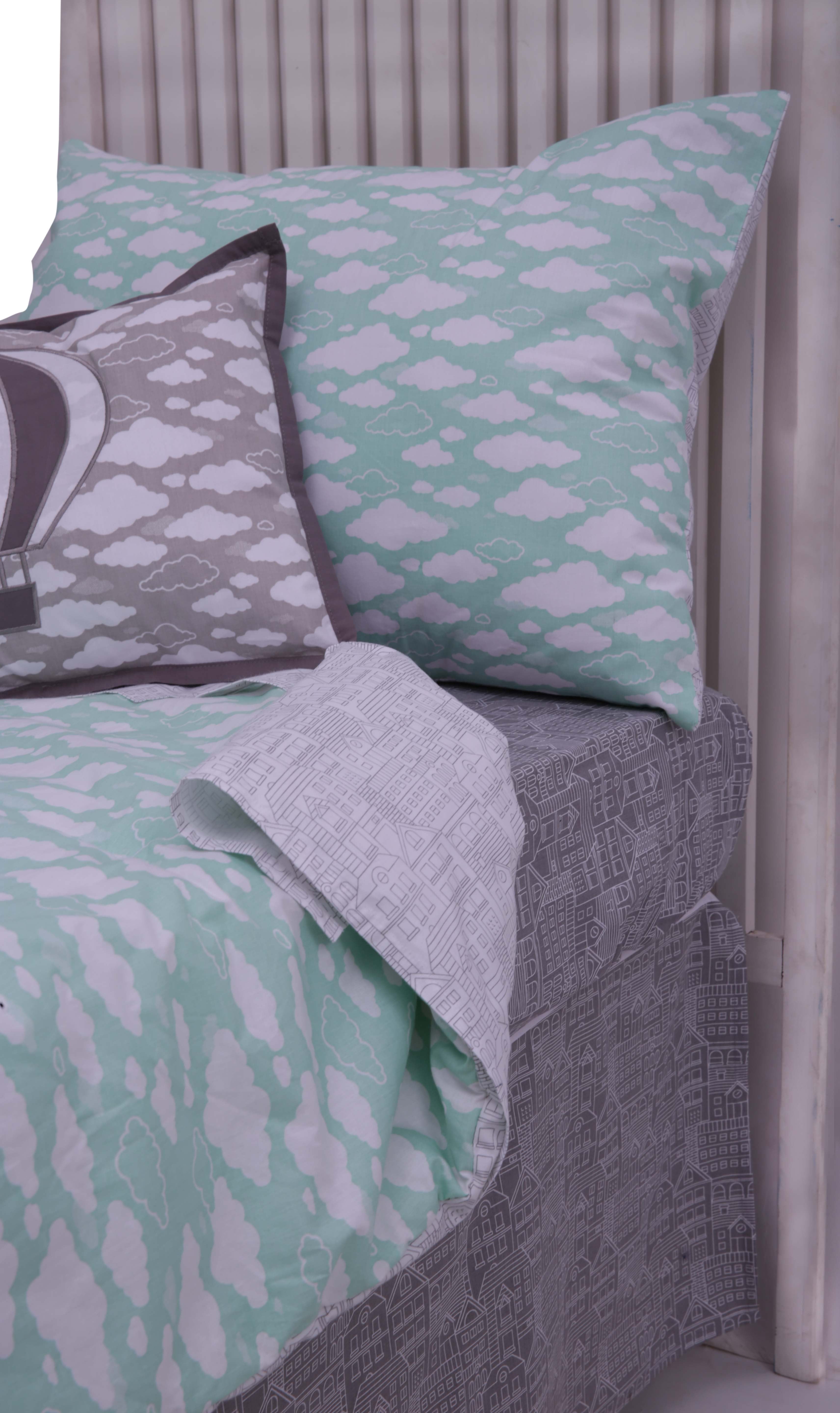 Bacati - Clouds in the City Mint//Grey 4 pc Toddler Bedding Set