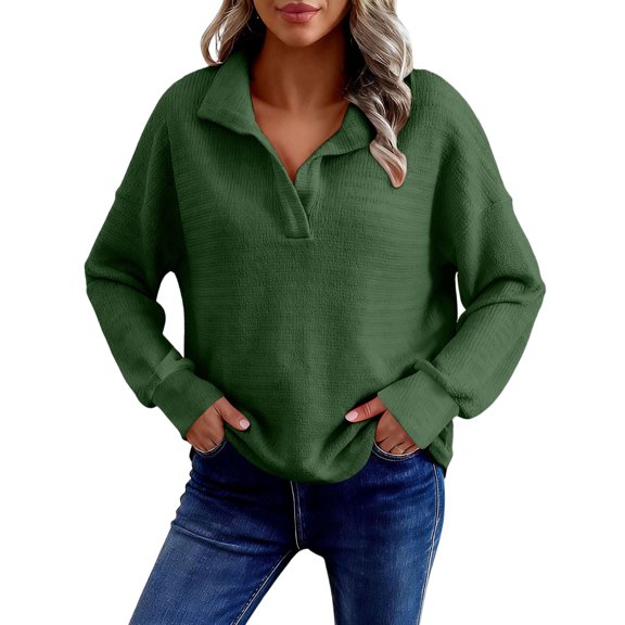 Womens Waffle Fall Clothes, Long Sleeve Pullover for Women Fashion Loose Fit Solid Color Lapel V Neck Thin Sweaters