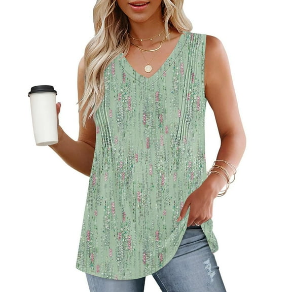 Munlar Green Tops for Women Tank Beach 2025 V-Neck Loose Floral Print Sleeveless Blouse L