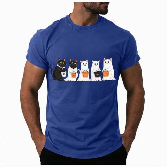 TOWED22 Halloween Short Sleeve T-Shirts for Men Fashion Summer Print Tops Round Neck Breathable Tees Plus Size(H149-Blue,XXL)