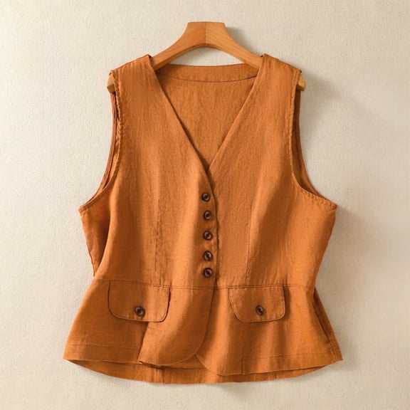 Vmvidoty Women's Linen Vest Summer Sleeveless V Neck Blazer Vest Lightweight Work Casual Cotton Waistcoat with Pocket Orange L