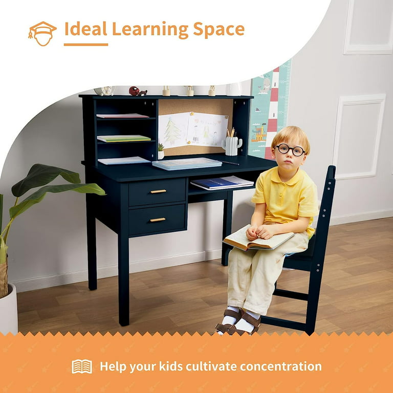Linor Kids Desk and Chair Set, Wooden Study Table with Hutch, Drawer &  Bulletin Board for children, Student Study Desks Computer Desk Art Desk for