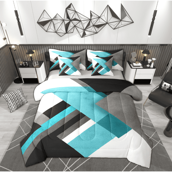 Manfei Cyan Square Geometric Twin Bedding Sets 7-Piece, Modern Abstract Ombre Bedding Comforter Set, Teen Kid Adult Reversible Sheet Sets, Lightweight Room Decor