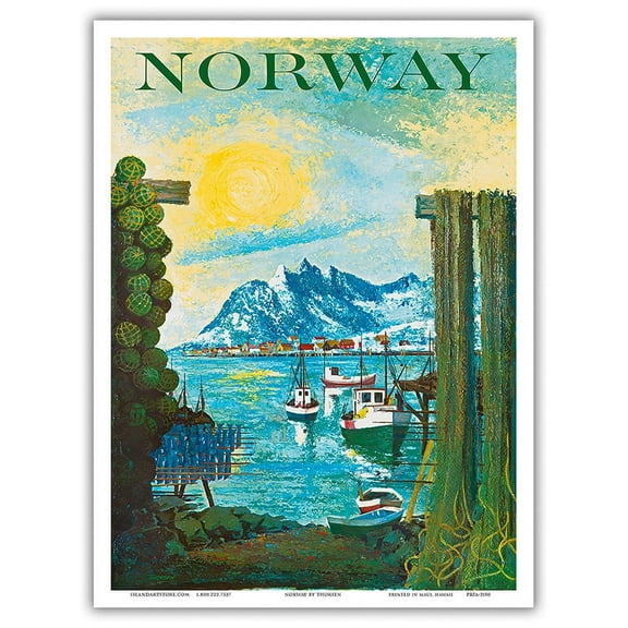 Norway - Scandinavia - Boats in Fishing Village - Vintage Travel Poster by Lars Thorsen c.1940s - Master Art Print (Unframed) 9in x 12in