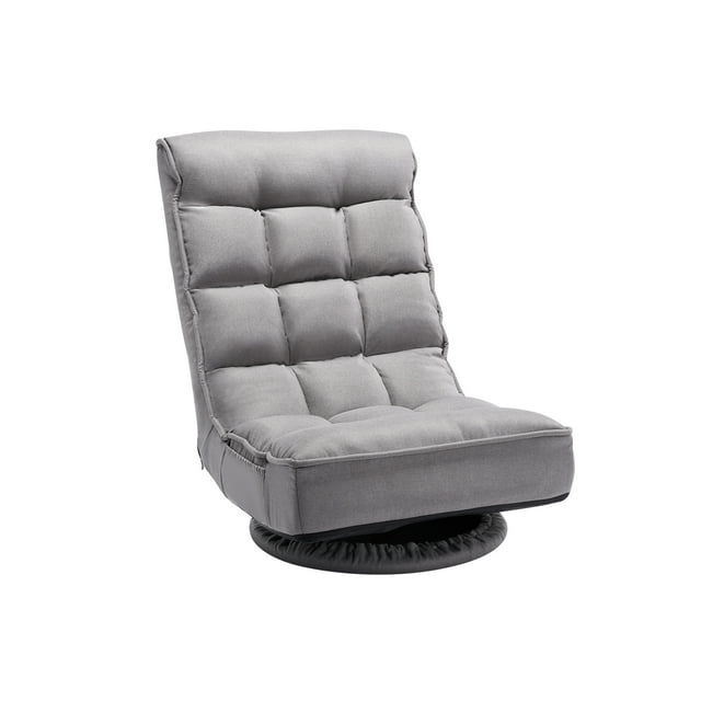 VEVOR 360° Swivel Floor Gaming Chair with 4 adjustable positions, upholstered in grey linen fabric with tufted cushioning and a durable metal frame. Designed for gaming, reading, or relaxing, it features a low-profile design, circular swivel base, and foldable functionality for compact storage. Suitable for home or office use.