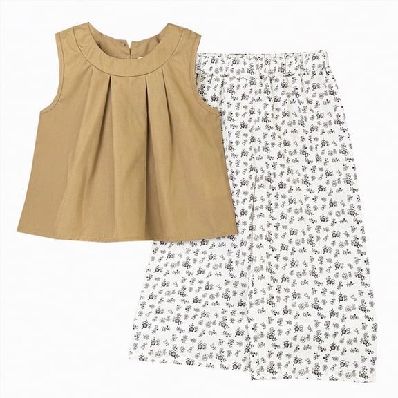 kpoplk Toddler Girl Summer Clothes Solid Color Sweet Camisole Ruffle 2-Piece Infant Cotton Linen Pants Set Size 5-6 Years,Khaki