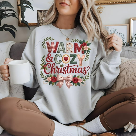 Warm & Cozy Christmas Faux Patchwork Shirt, Unisex Tee, Hoodie, Sweatshirt, Vintage Holiday Embroidery Look