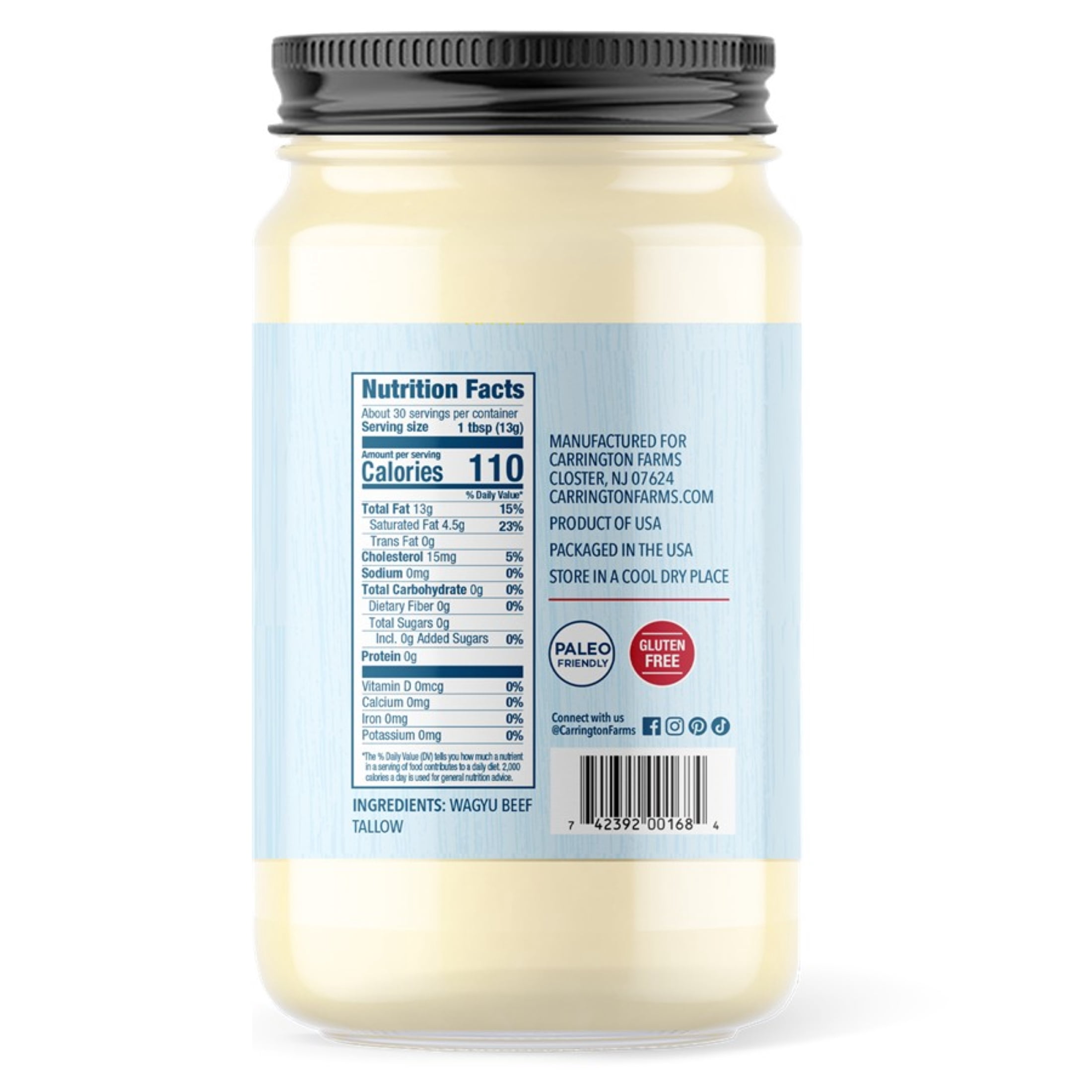 Carrington Farms 100% Pure Wagyu Beef Tallow, Food‑Grade, High‑Heat Cooking & Multi‑Use Skincare Fat - Additive‑Free, Non‑GMO