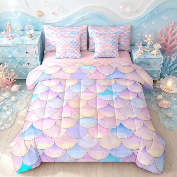 Manfei Cute Mermaid Tail Twin Bedding, Dreamy Fish Scale Bedding Comforter Set, Pink Blue, Pink Reversible, 7 Pieces