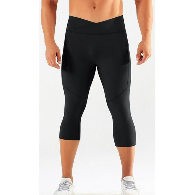 Kalauyu Men's 3/4 Compression Pants Athletic Leggings Running Capri Tights Basketball Gym Base Layer