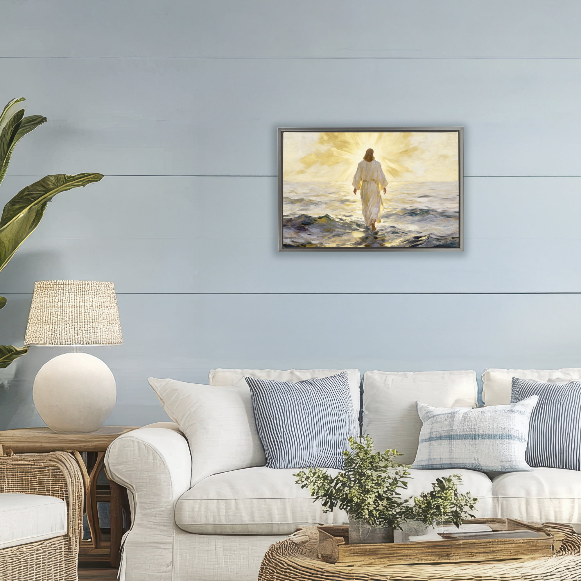 Stupell Industries Golden Walk Spiritual Figure Gray Framed Floater Canvas Wall Art, design by Kim Allen