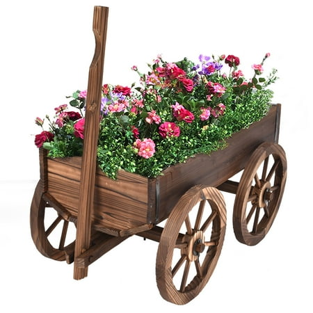 Costway Wood Wagon Flower Planter Pot Stand W/Wheels Home Garden Outdoor
