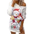 thumbnail image 1 of Vestido corto de manga larga con estampado de copos de nieve y muñeco de nieve con hombros inclinados para mujer Pompotops  hdfakjf974, 1 of 5