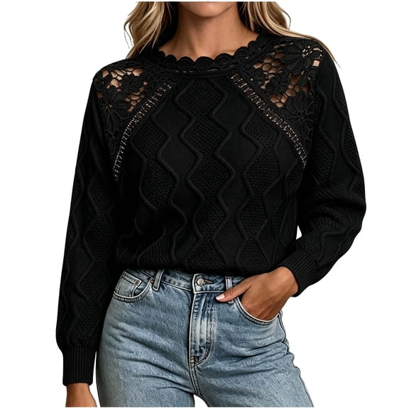 Edvintorg Sweaters for Women Crew Neck Casual Acrylic Knit Sweater Long Sleeve Lace Pullover Top Fashion Clothing Black L