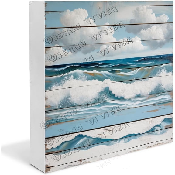 Blue Beach Sea Ocean Landscape Wooden Box Sign Gifts for Sisters Funny Ocean Decor for Bedroom Rustic Coffee Table Decor Desk Centerpieces for Party Wood Block Signs 7x7 In