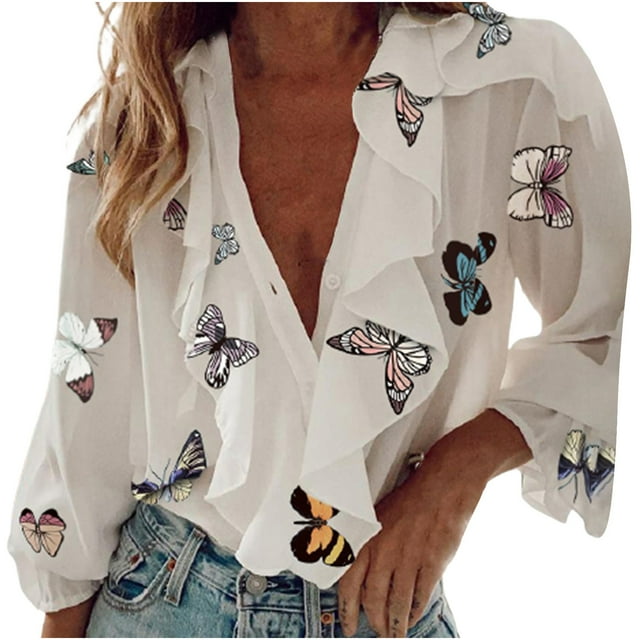 Leutsin Femmes Casual Printing Manches Longues Chemise à Volants Chemisier Tops