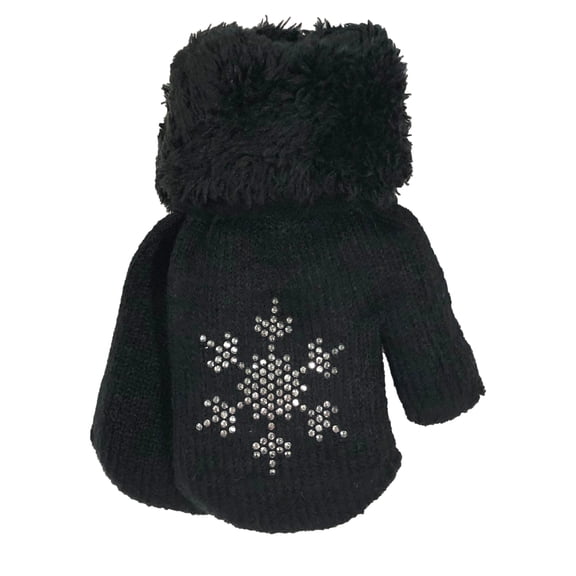 Toddler Girls Black Snowflake Plush Lined Winter Mittens with String Attachment