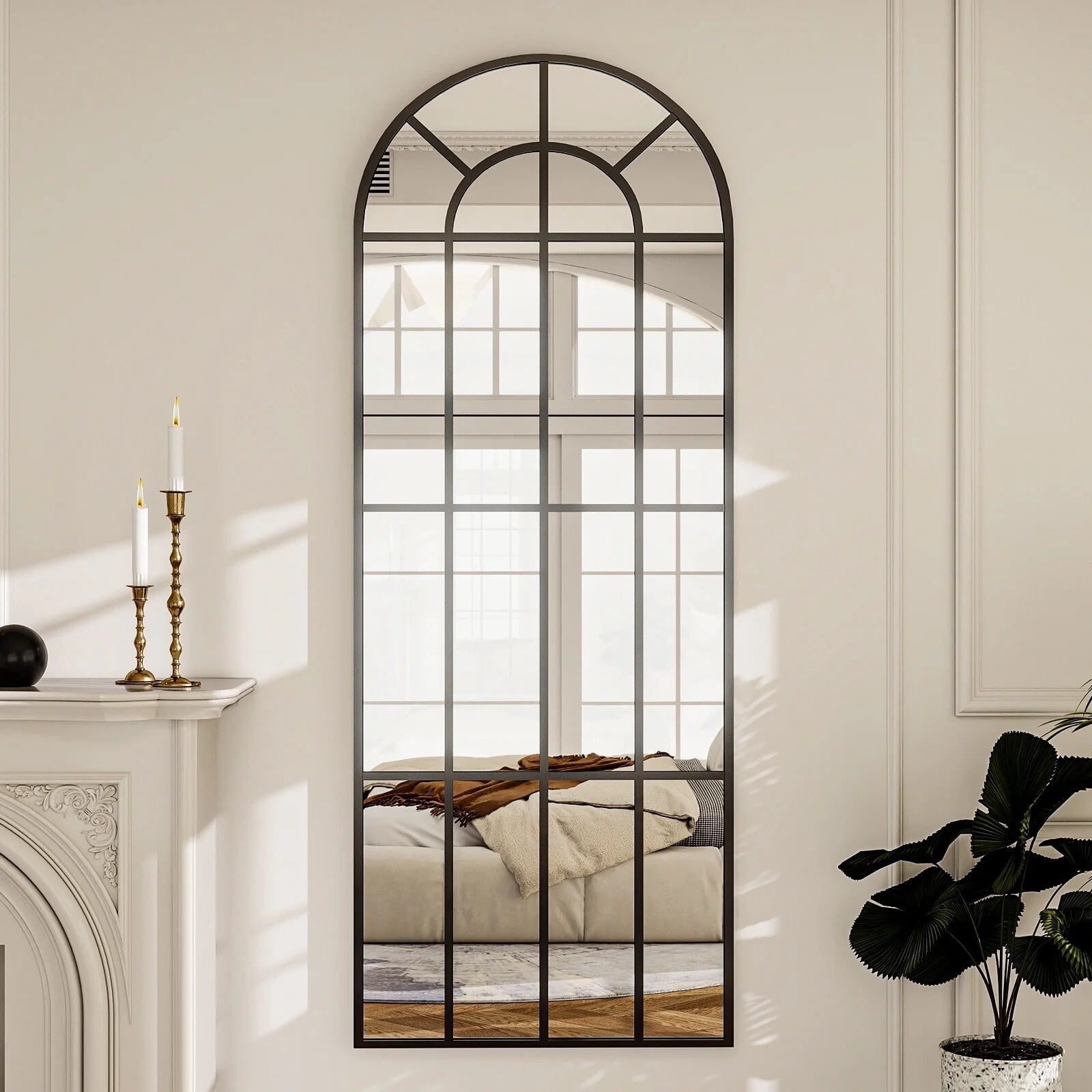 Lumora 25"x69" Windowpane Full Length Arched Floor Mirror, Black