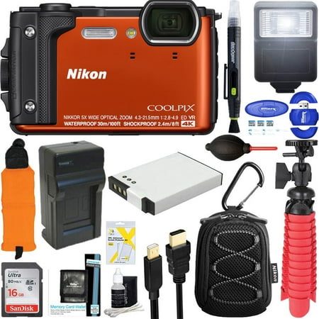 Nikon COOLPIX W300 Digital Camera (Orange) with Sandisk 16GB Memory & Flash Deluxe Accessory Bundle