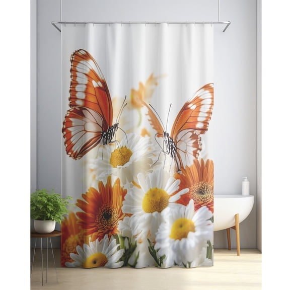 Orange butterfly floral print shower curtain, waterproof bathroom shower curtain with hooks, bathtub partition, bathroom accessories, home decor