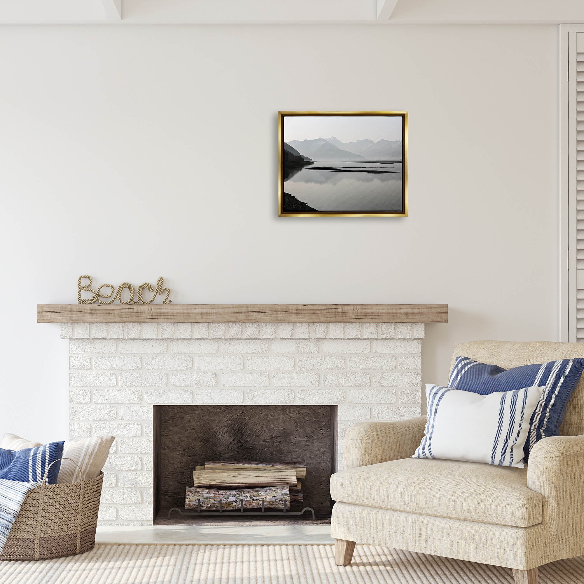 Stupell Industries Grey Mountain Peaks Lake Reflection Coastal Photography Gold Floater Framed Art Print Wall Art