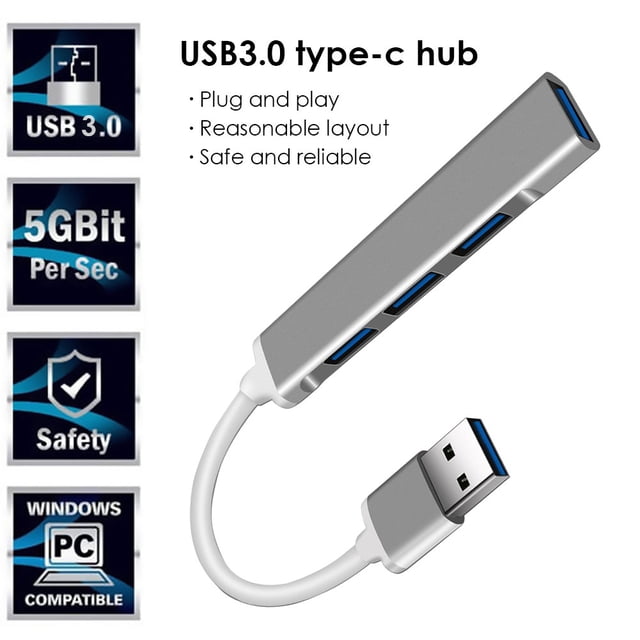 USB C HUB USB 3.0 Type-C Hub Adaptador divisor de 4 puertos para PC (A809 gris)