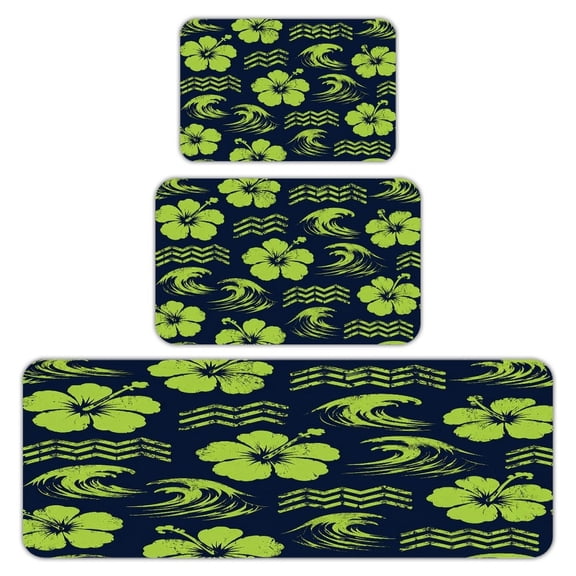 RKSupls Kitchen Rug Set 3 Piece Anti-Slip Flannel Floor Mats, Hibiscus Wave Pattern Washable Absorbent Runner Mats for Kitchen Bathroom Home Decor
