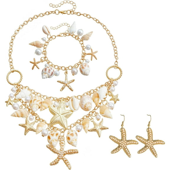 XBage Mermaid Costume Jewelry Set Containing Imitation Pearl Starfish Conch Shell Necklace, Bracelet, And Earrings Suitable For Women Cosplay Beach Travel Beach Jewelry[xl7377]