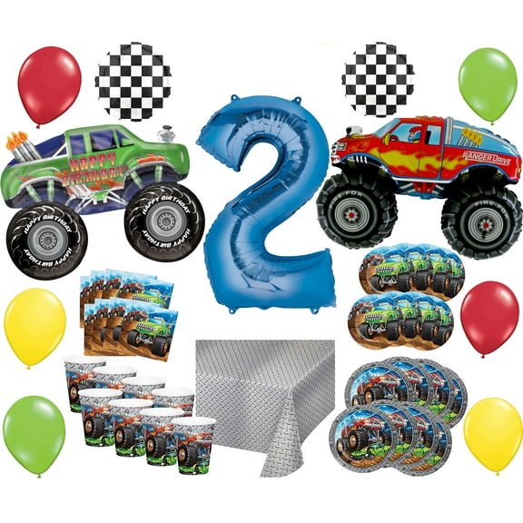 Mayflower Products Monster Truck Rally 2nd Birthday Party Supplies 8 Guest Decoration Kit with Green and Red Monster Truck Balloon Bouquet