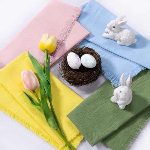 12 Pack Mixed Easter Color Cotton Linen Napkins with Fringe Easter Spring Cloth Napkins Set of 6 12 Boho Handmade Dinner Napkins Bulk for Wedding Bridal Baby Boy Shower Parties, 17 x 17