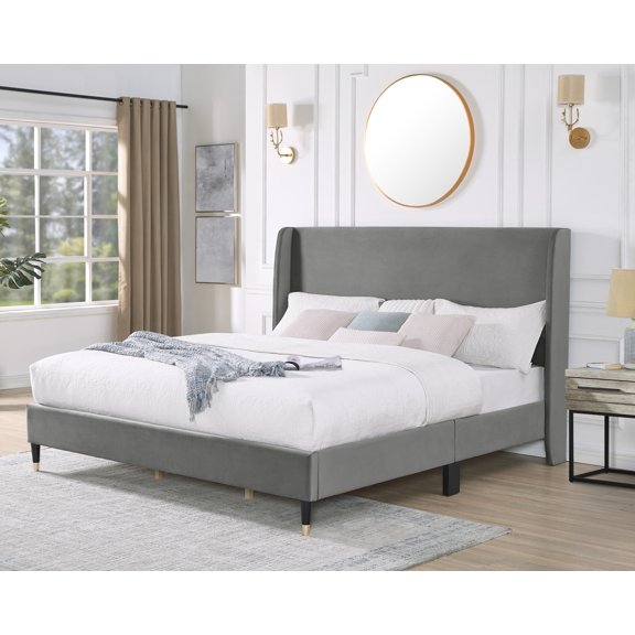 Bed Frames Rozitta Gray Velvet Wingback Platform Bed, King,Storage Beds Frames