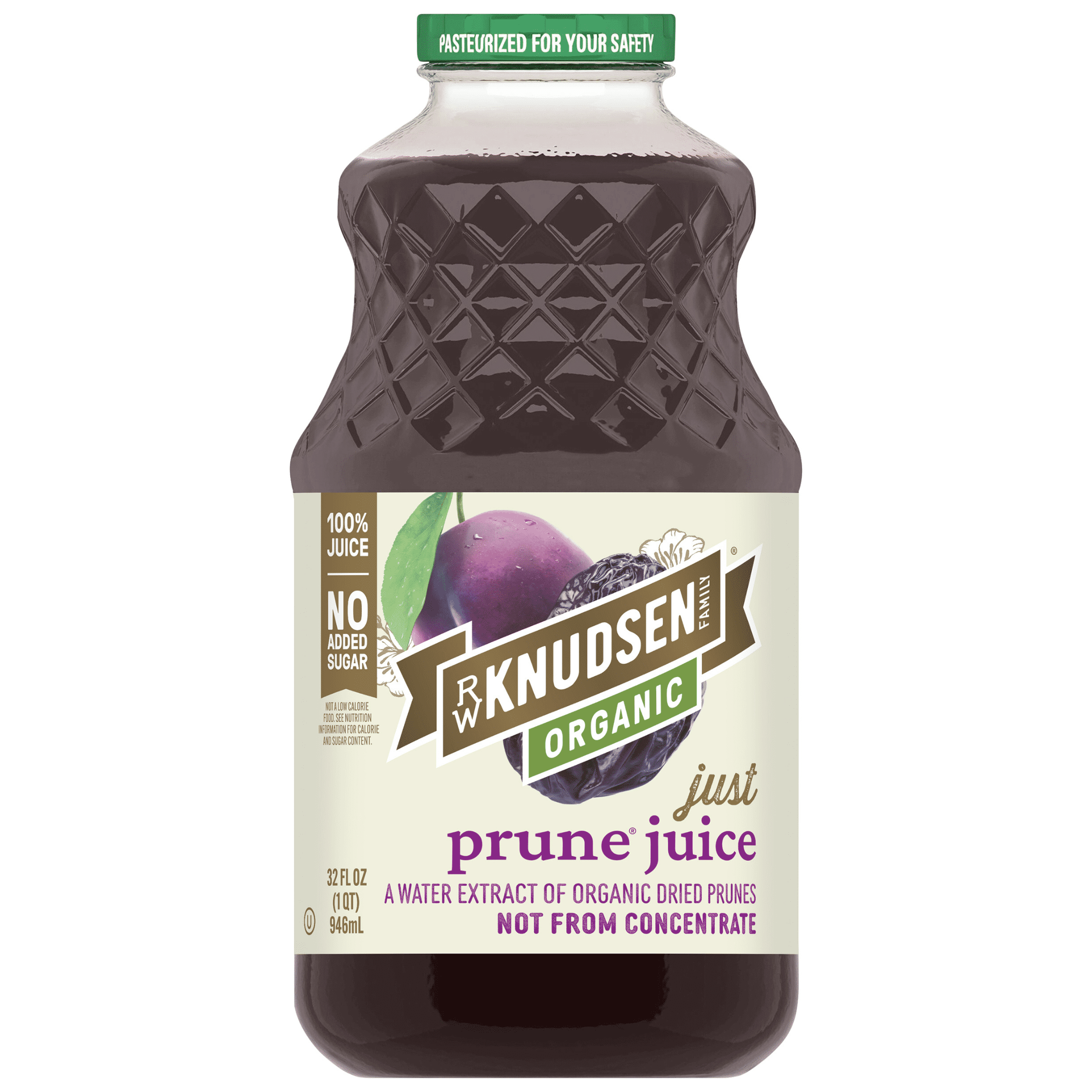 (3 pack) R.W. Knudsen Family Organic Just Prune Juice, 100% Juice, 32 oz, Glass Bottle, Shelf-Stable