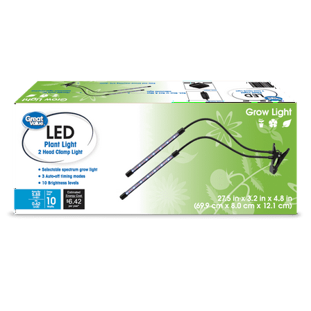 Great Value 2-Head Flexible LED Clamp Grow Light, 10W Selectable Spectrum, 4.75"