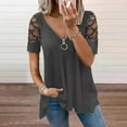thumbnail image 2 of RYRJJ Plus Size Cold Shoulder Tops Shirt for Women Cut Out Rhinestone Tshirt Casual Summer Zip V Neck Short Sleeve Tunic Blouse(Gray,XXL), 2 of 6