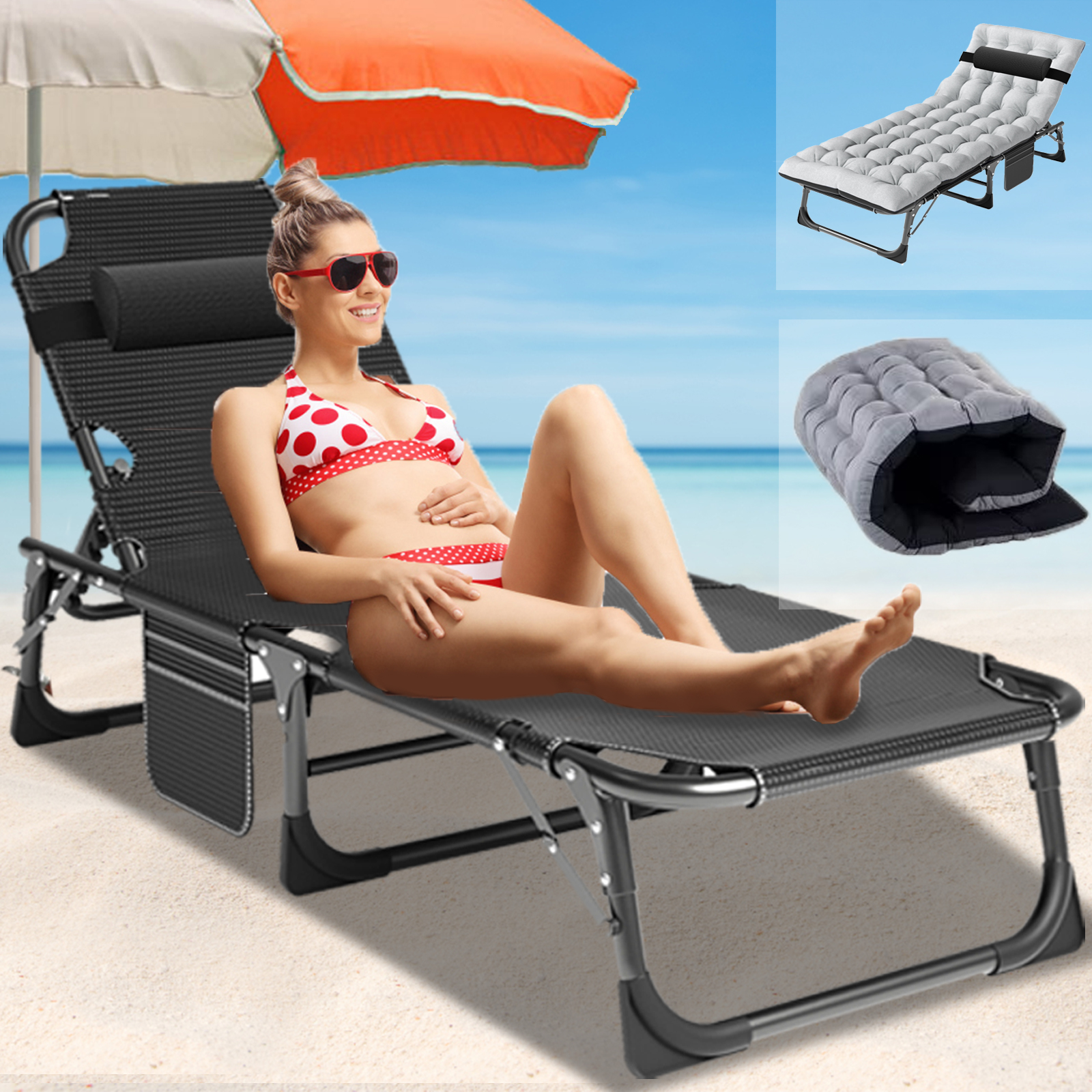 Folding Camping Cot, Adjustable 4-Position Adults Reclining Lounge Chair, Chaise Lounge Chair, for Home/Office Nap and Beach Vacation - image 1 of 9